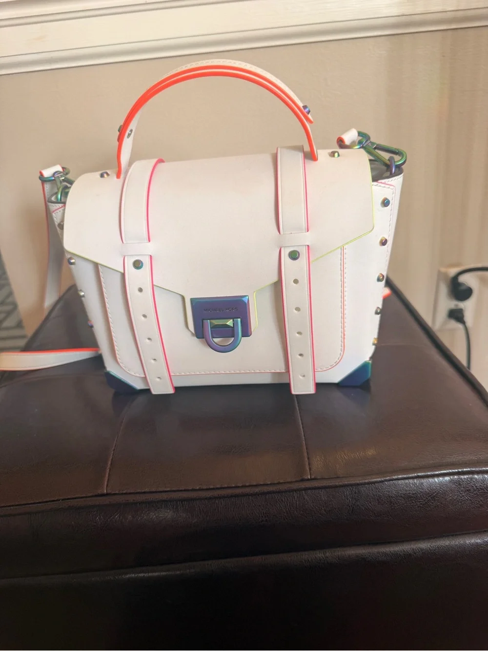 Michael Kors Manhattan White Leather Satchel with Neon Pink and Orange Trim